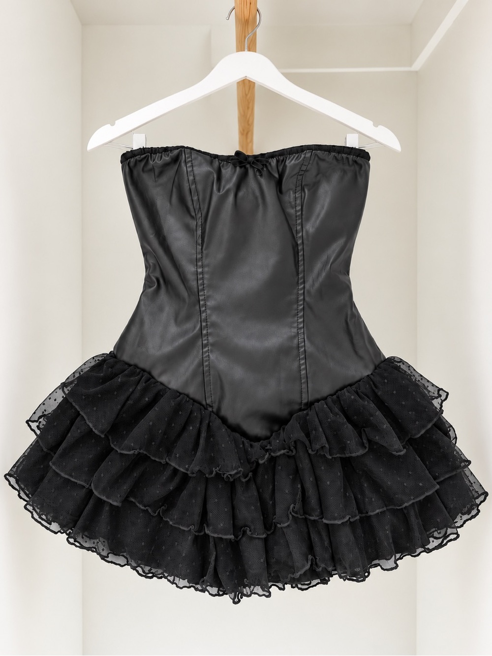 Black Faux Leather Corset Ruffle Mini Dress